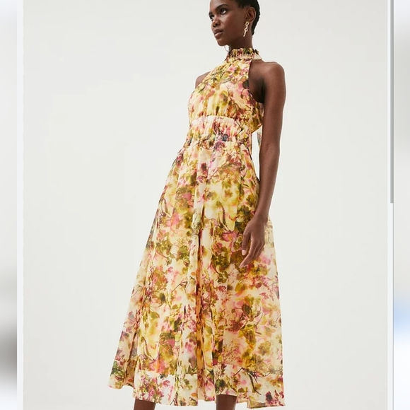 Karen Millen Dresses & Skirts - KAREN MILLEN Floral Organdie Shirred Halterneck Romantic Feminine Midi D…